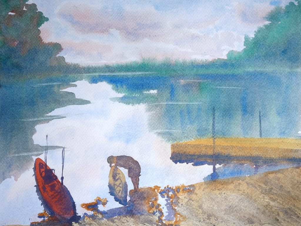 kayak lake impressionistic watercolor painting maria peagler fine art